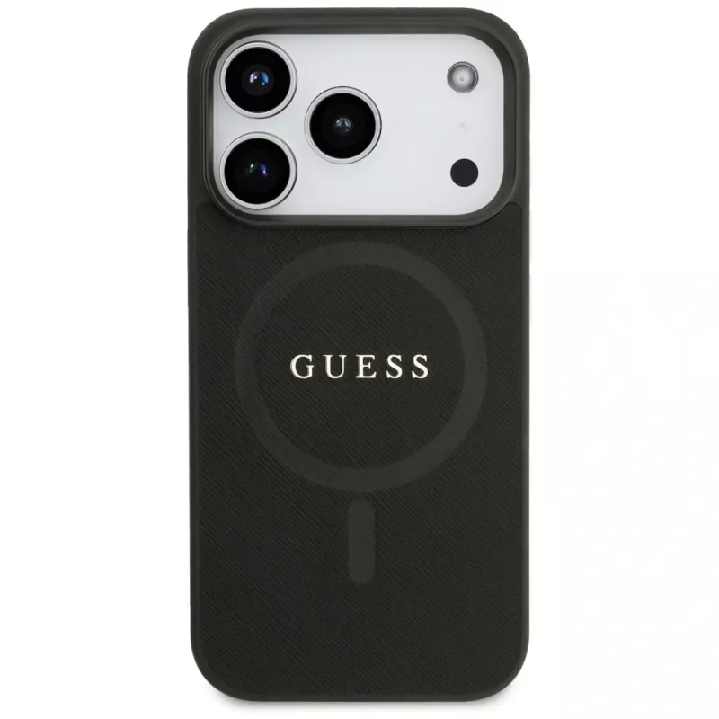 Guess Saffiano Classic Logo MagSafe -kotelo iPhone 17 Pro, musta
