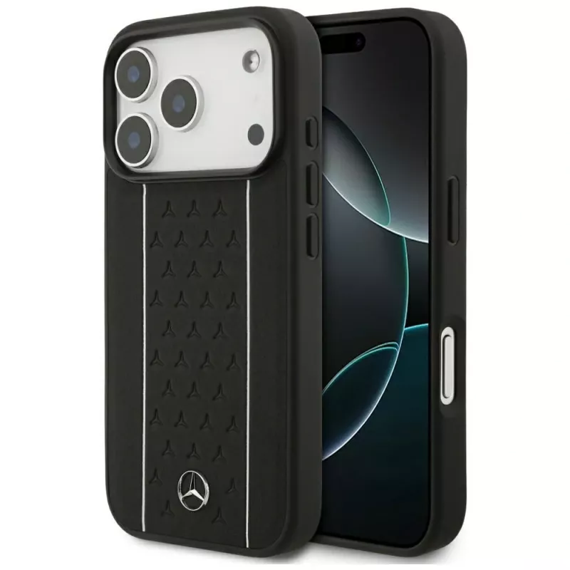 Mercedes Leather Star Pattern Stripes MagSafe -suojakotelo iPhone 17 Pro - musta