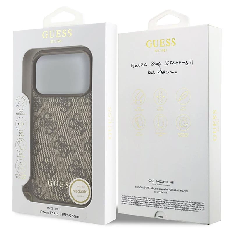 Guess 4G Charms Collection MagSafe -kotelo iPhone 17 Pro (ruskea)