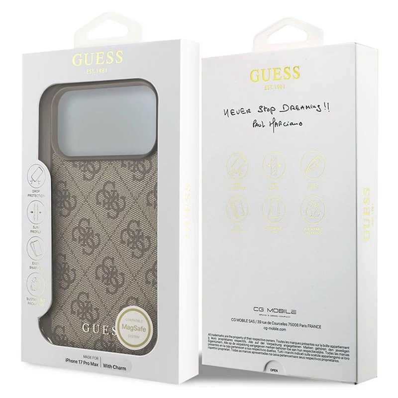 Guess 4G Charms Collection MagSafe -kotelo iPhone 17 Pro Max (ruskea)