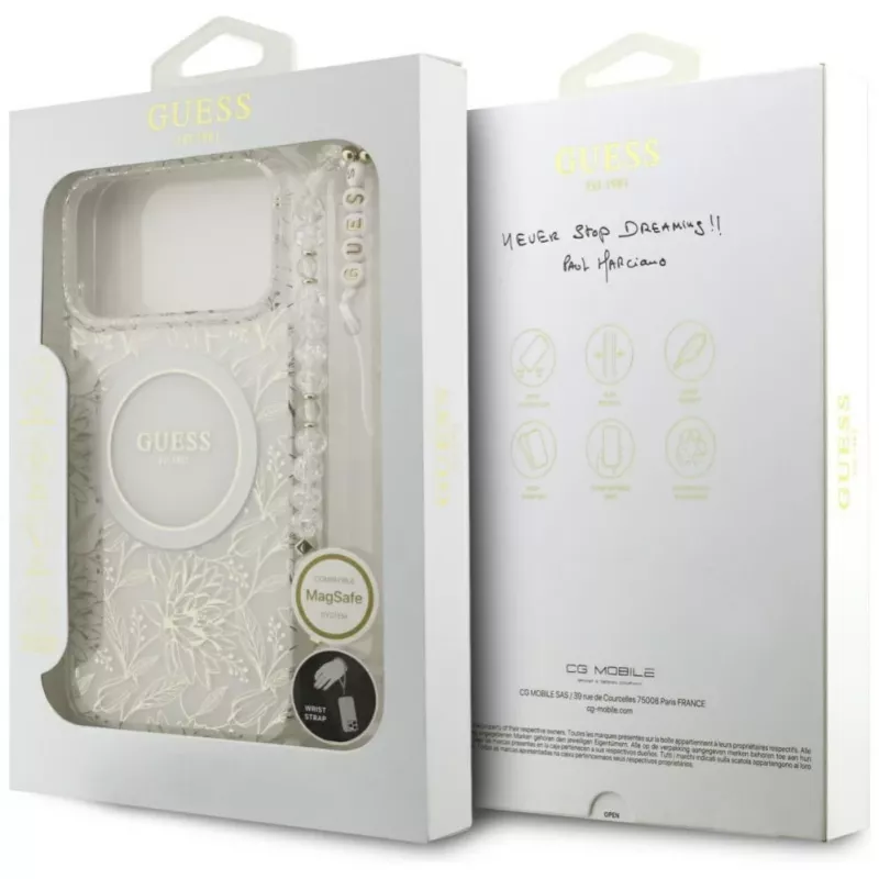 Guess IML Flowers Electro Pearl Strap MagSafe -kotelo iPhone 17 Pro Max valkoinen