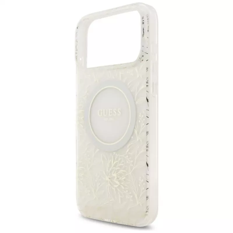 Guess IML Flowers Electro Pearl Strap MagSafe -kotelo iPhone 17 Pro Max valkoinen