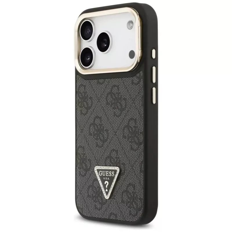 Guess 4G PU Triangle Logo & Stand Camera Magsafe -kotelo iPhone 17 Pro:lle, musta