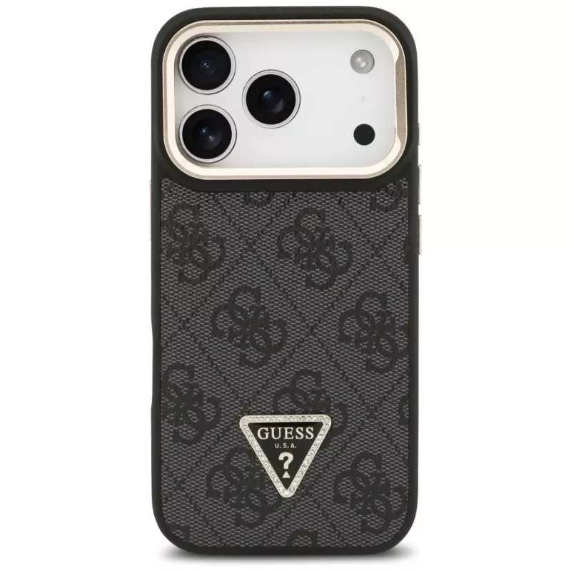 Guess 4G PU Triangle Logo & Stand Camera Magsafe -kotelo iPhone 17 Pro:lle, musta