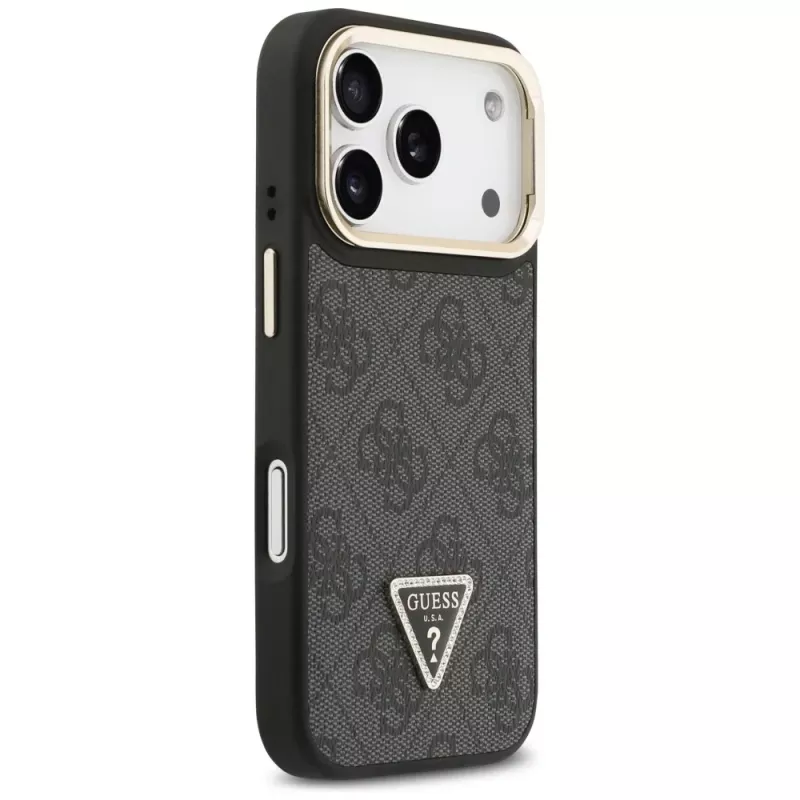 Guess 4G PU Triangle Logo & Stand Camera Magsafe -kotelo iPhone 17 Pro:lle, musta