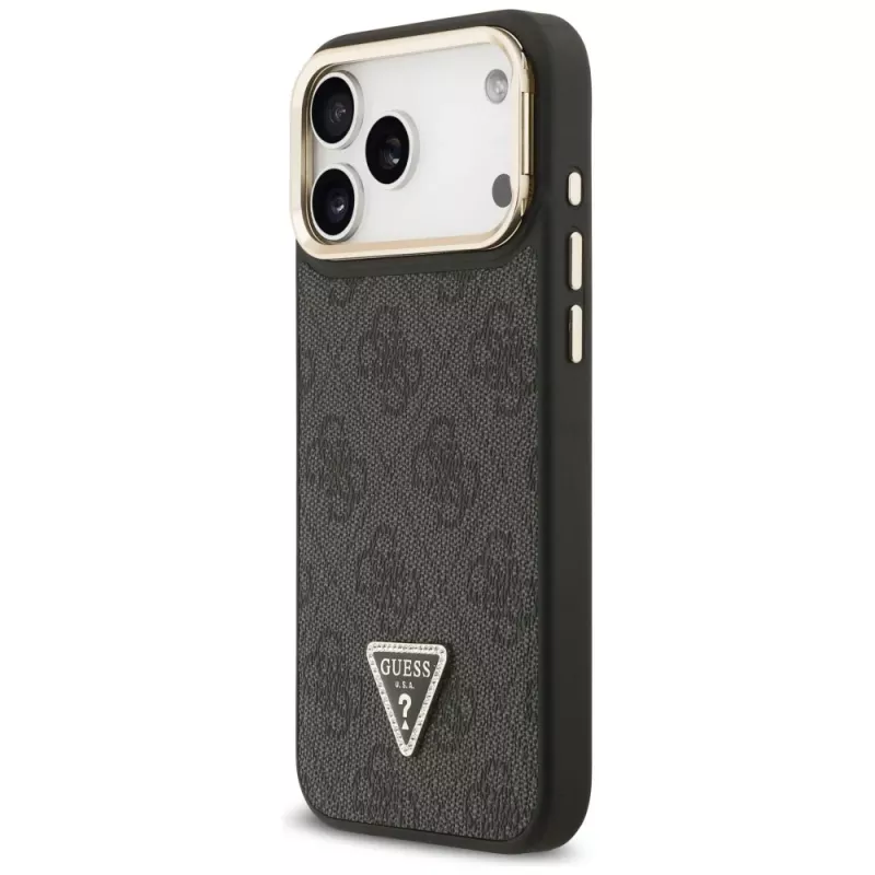 Guess 4G PU Triangle Logo & Stand Camera Magsafe -kotelo iPhone 17 Pro Max:lle, musta