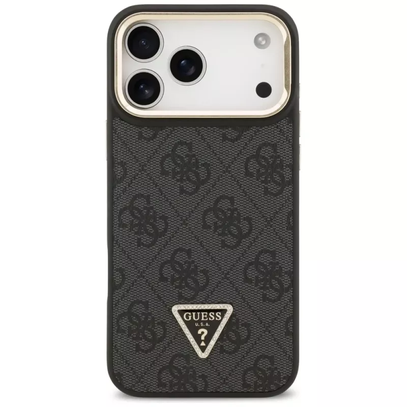 Guess 4G PU Triangle Logo & Stand Camera Magsafe -kotelo iPhone 17 Pro Max:lle, musta
