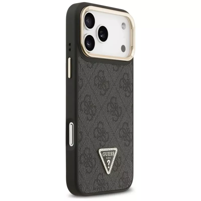 Guess 4G PU Triangle Logo & Stand Camera Magsafe -kotelo iPhone 17 Pro Max:lle, musta