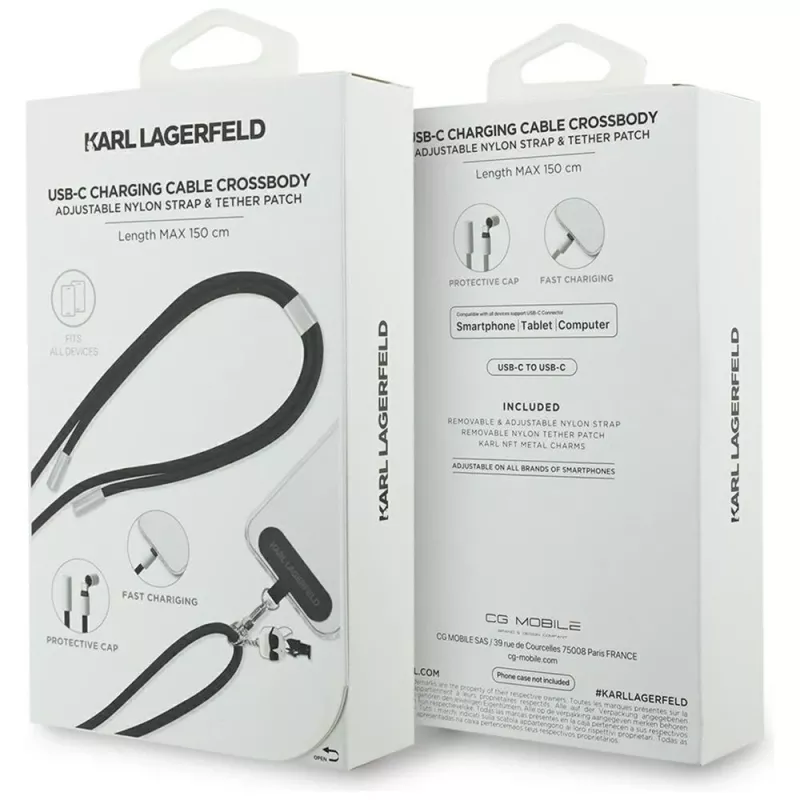 Karl Lagerfeld Ikonik Charm USB-C–USB-C-kaapeli lanyardilla, 1,2 m, musta