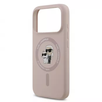 KARL LAGERFELD silikonikotelo Apple iPhone 17 Prolle MagSafe-yhteensopiva ja rengaspitimen kanssa, pinkki, Karl & Choupette -mallisto