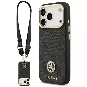 Guess 4G Strass Logo & Big Strap Metal Buttons MagSafe -kotelo iPhone 17 Prolle, musta