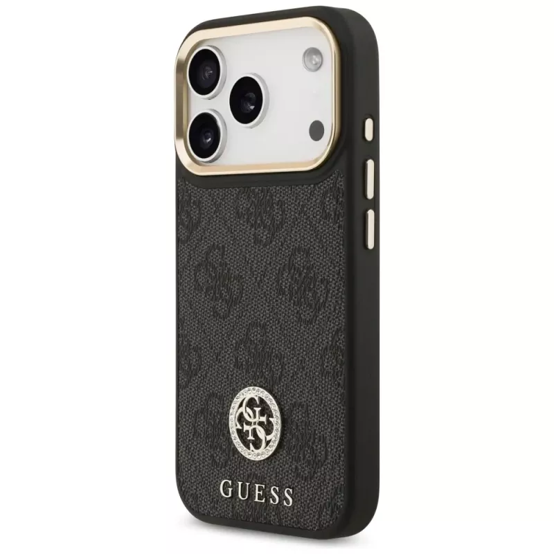 Guess 4G Strass Logo & Big Strap Metal Buttons MagSafe -kotelo iPhone 17 Prolle, musta