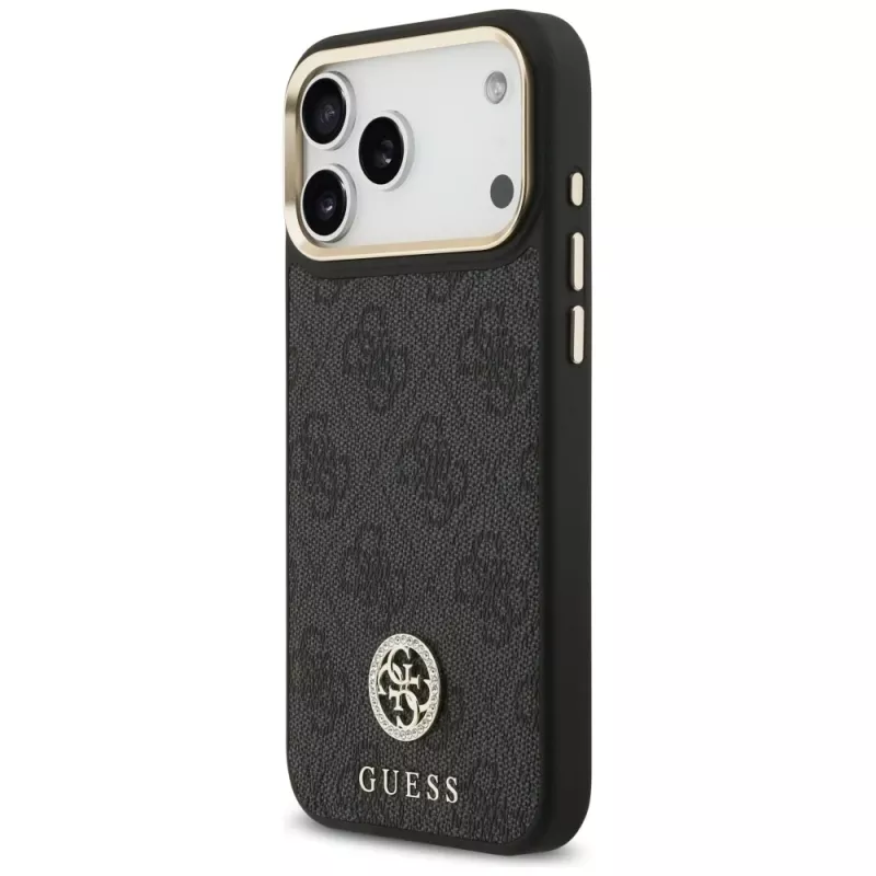 Guess 4G Strass Logo & Big Strap Metal Buttons MagSafe -kotelo iPhone 17 Pro Maxille, musta