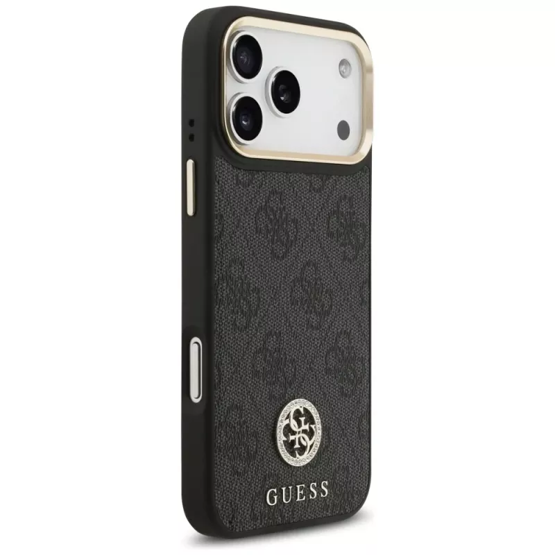 Guess 4G Strass Logo & Big Strap Metal Buttons MagSafe -kotelo iPhone 17 Pro Maxille, musta