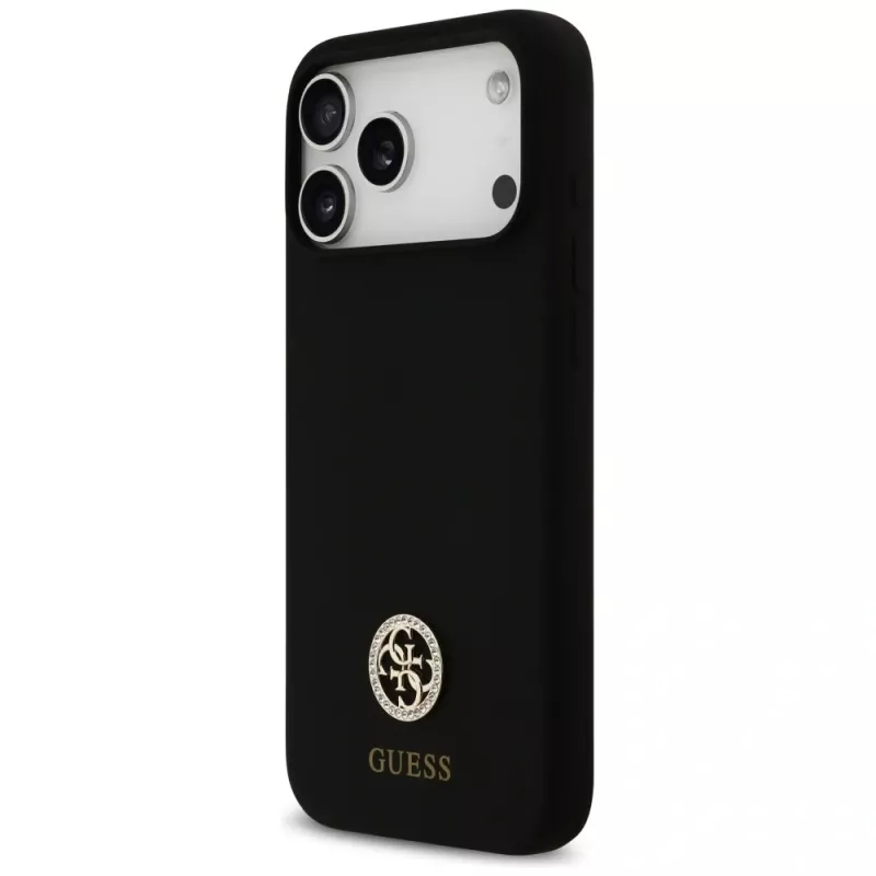 Guess Silicone Logo Strass 4G MagSafe -kotelo iPhone 17 Pro Maxille, musta