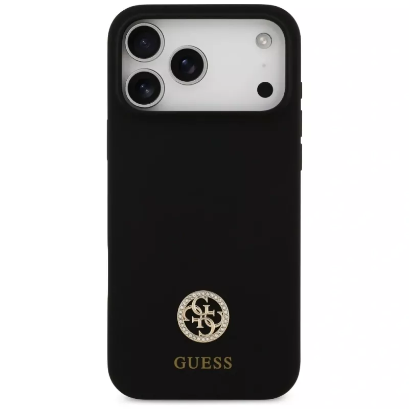 Guess Silicone Logo Strass 4G MagSafe -kotelo iPhone 17 Pro Maxille, musta
