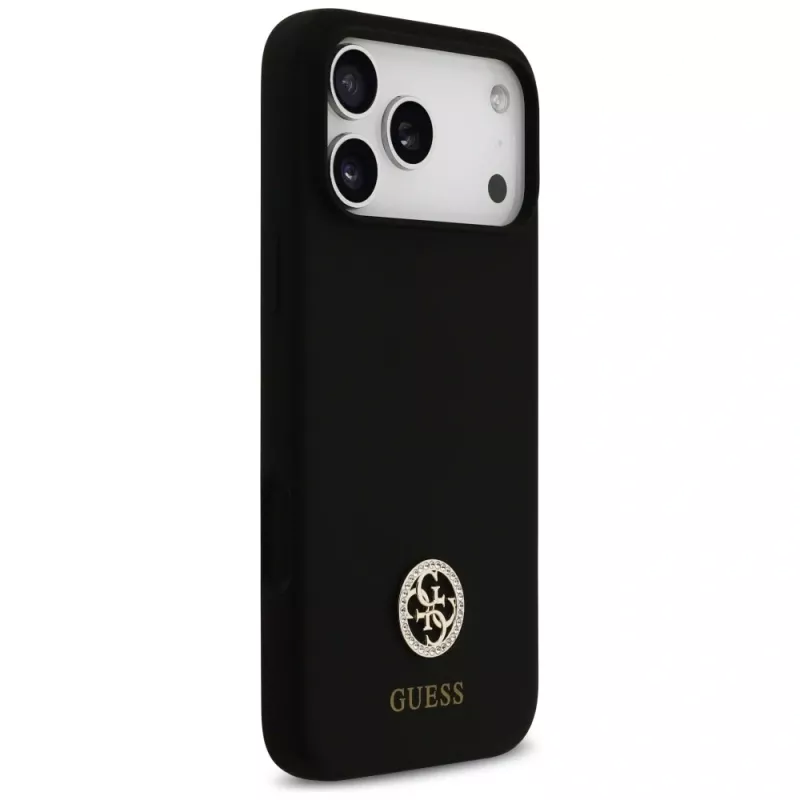 Guess Silicone Logo Strass 4G MagSafe -kotelo iPhone 17 Pro Maxille, musta