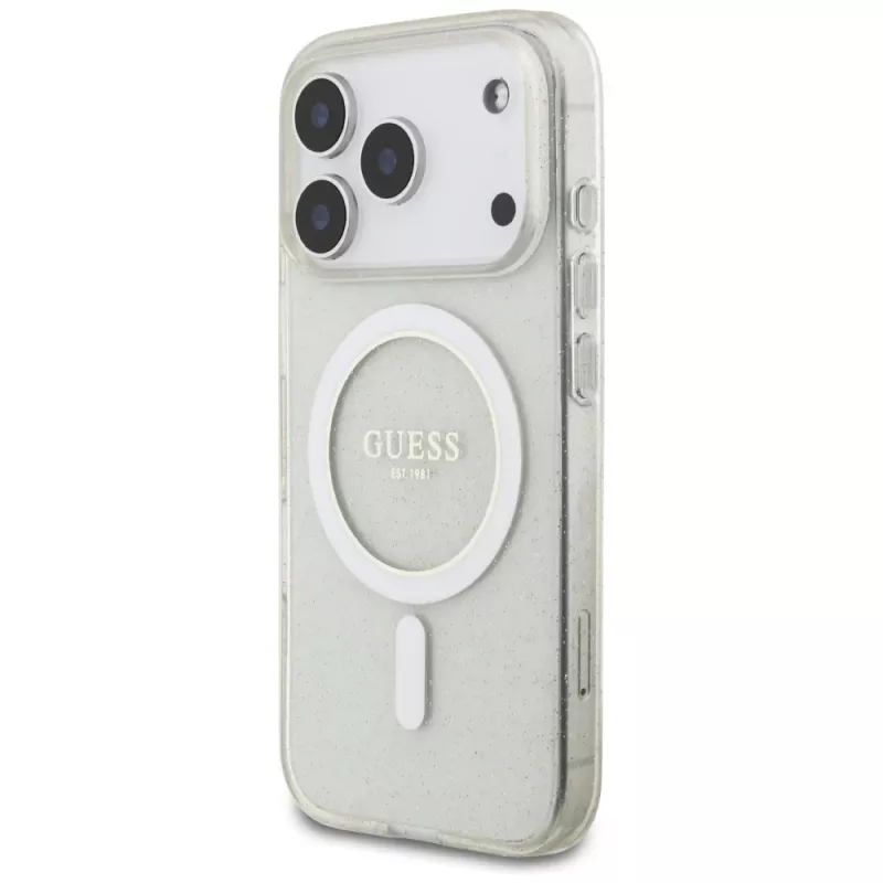 Guess IML Glitter Pearl Strap MagSafe -kotelo iPhone 17 Prolle, läpinäkyvä
