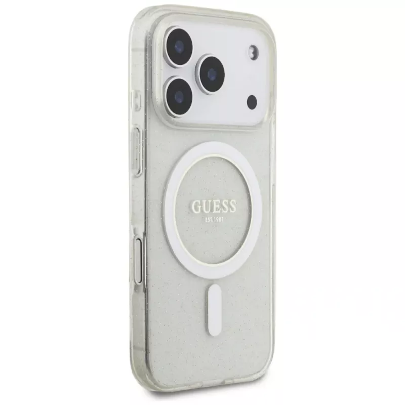 Guess IML Glitter Pearl Strap MagSafe -kotelo iPhone 17 Prolle, läpinäkyvä