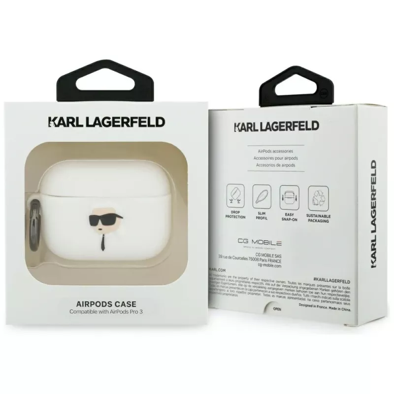 KARL LAGERFELD Silicone Karl Head 3D -kotelo AirPods Pro 3:lle, valkoinen