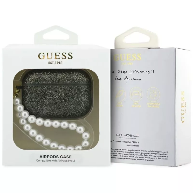 Guess Glitter Pearl Strap -kotelo AirPods Pro 3, khaki