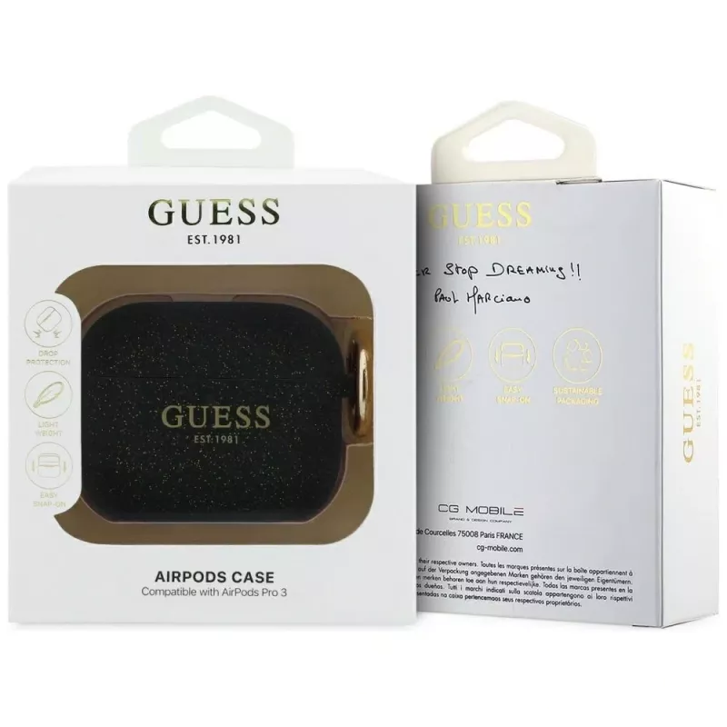 Guess silikoni Glitter Ring -kotelo AirPods Pro 3, musta