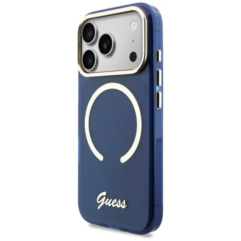 Guess IML Script Metal MagSafe -kotelo iPhone 17 Pro:lle, sininen