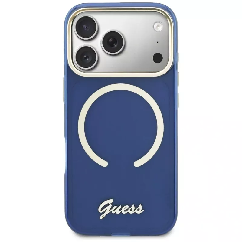 Guess IML Script Metal MagSafe -kotelo iPhone 17 Pro:lle, sininen