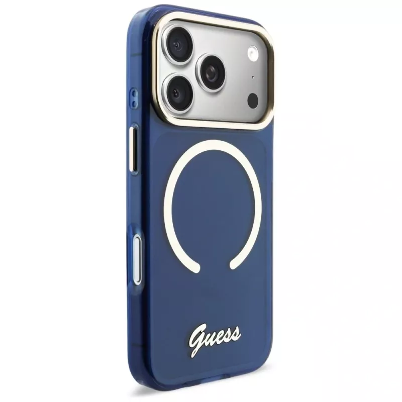 Guess IML Script Metal MagSafe -kotelo iPhone 17 Pro:lle, sininen