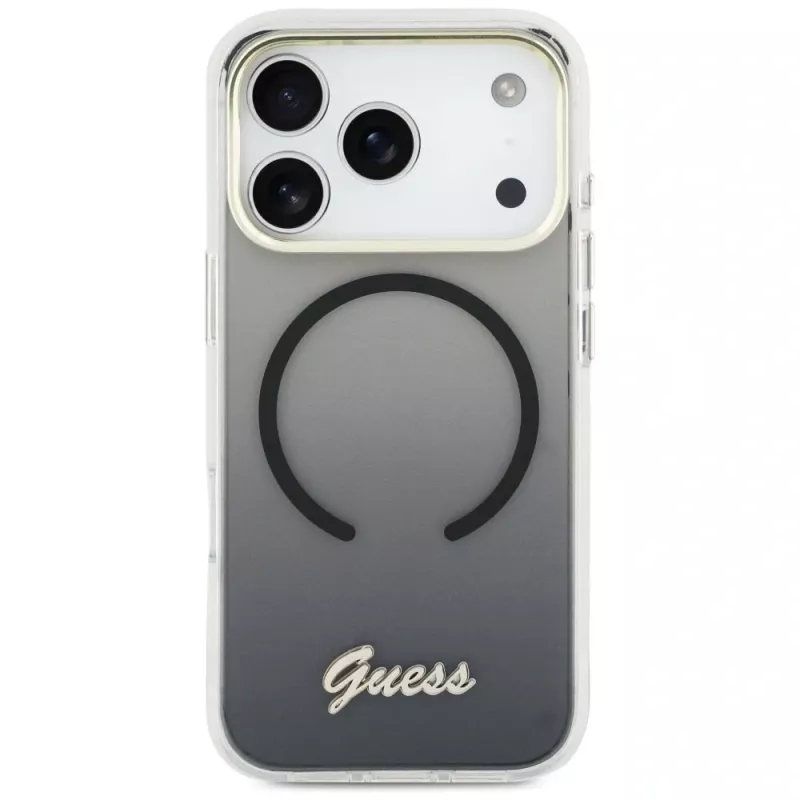 Guess IML Gradient Script Metal MagSafe -kotelo Apple iPhone 17 Pro Max:lle, musta