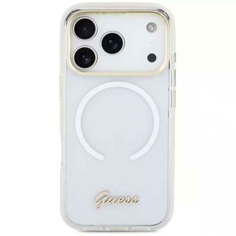 Guess IML Gradient Script Metal MagSafe -kotelo iPhone 17 Pro Max:lle, valkoinen