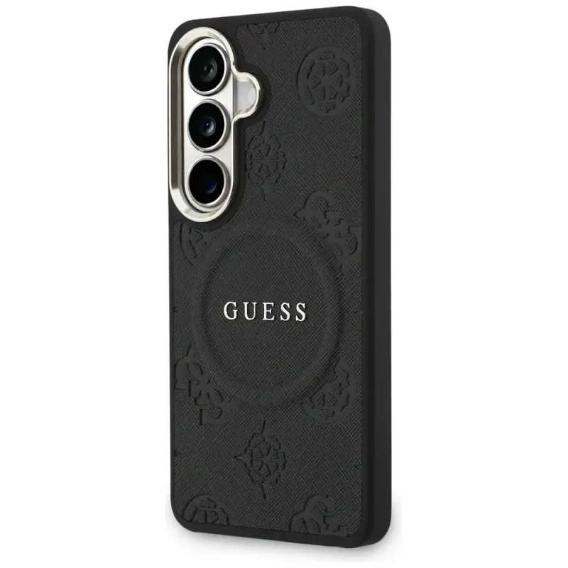 Guess Saffiano Peony Embossed Ring MagSafe -suojakotelo Samsung Galaxy S26 musta
