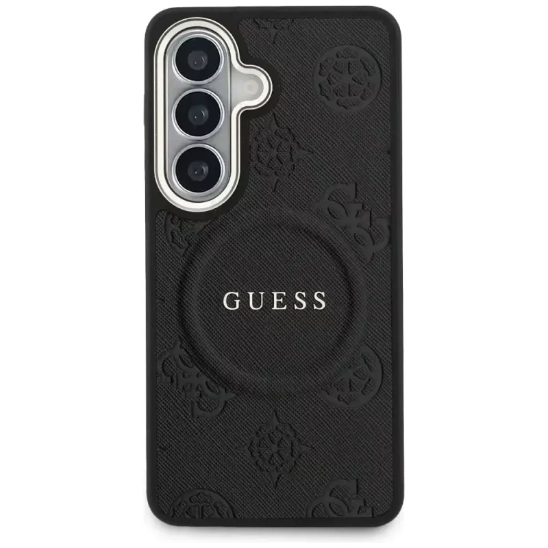 Guess Saffiano Peony Embossed Ring MagSafe -suojakotelo Samsung Galaxy S26 musta