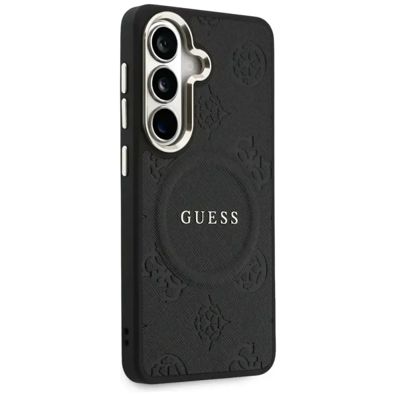 Guess Saffiano Peony Embossed Ring MagSafe -suojakotelo Samsung Galaxy S26 musta