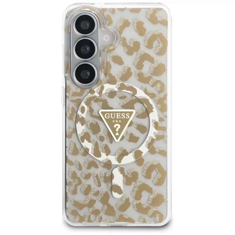 Guess IML Leopard Print Triangle MagSafe -suojakotelo Samsung Galaxy S26 (ruskea)