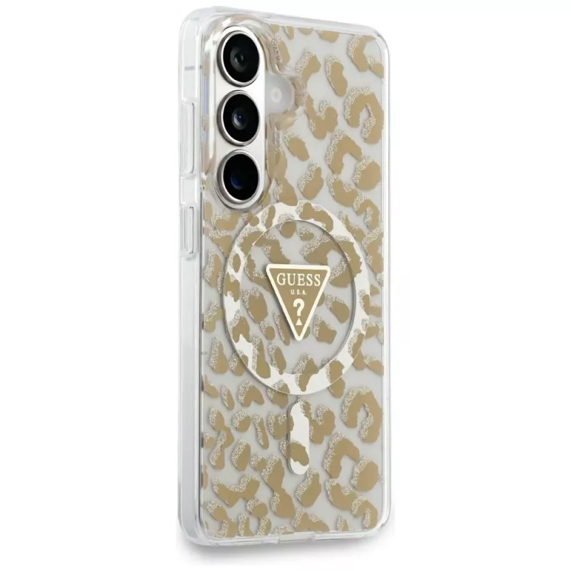 Guess IML Leopard Print Triangle MagSafe -suojakotelo Samsung Galaxy S26 (ruskea)