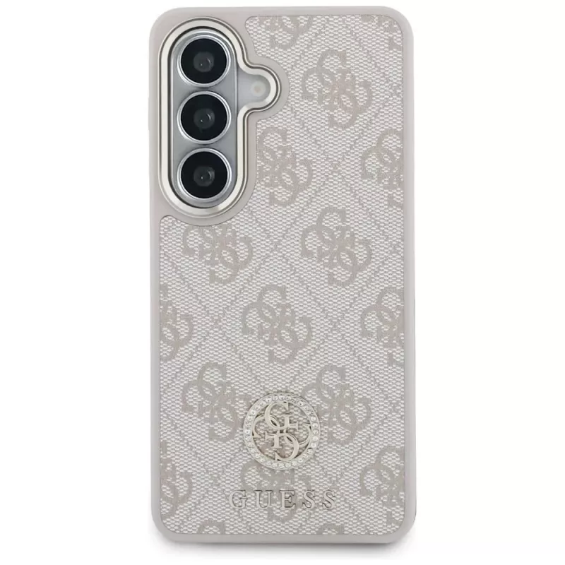 Guess 4G Big Rhinestone Triangle Strap MagSafe -puhelinkotelo ja -hihnasetti Samsung Galaxy S26, vaaleanpunainen