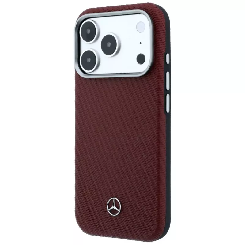 Mercedes Leder Semi Wrap Wood Effect MagSafe -kotelo iPhone 17 Pro Maxille, punainen