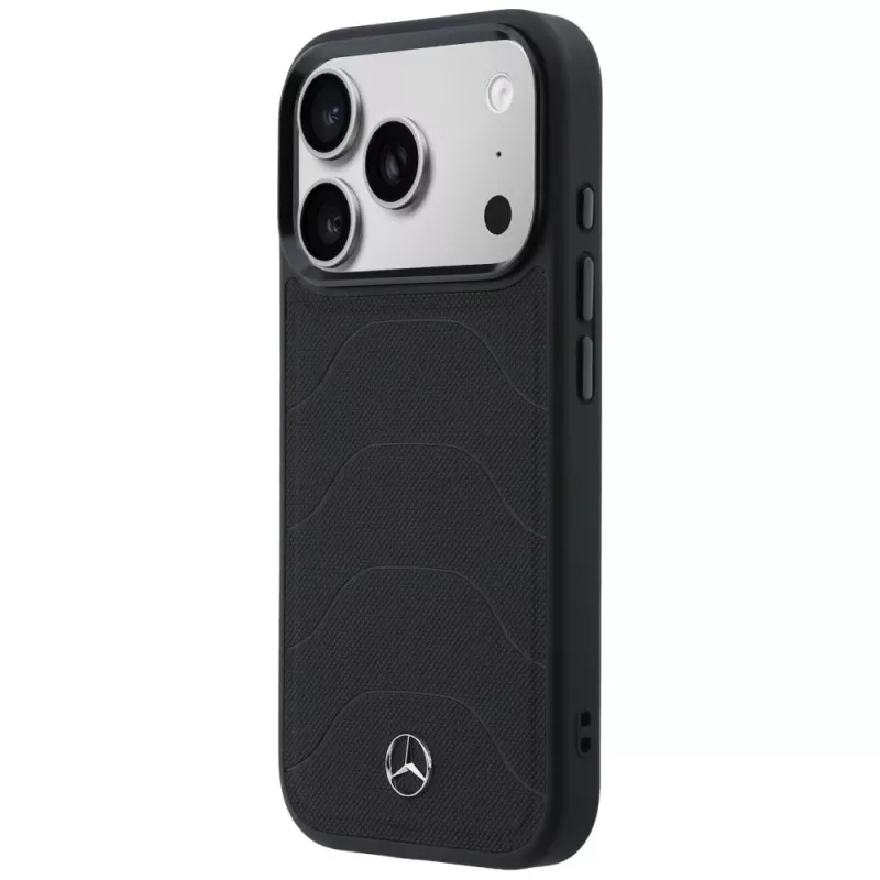 Mercedes-Benz nahkainen Mesh with Bow Line MagSafe -suojakuori iPhone 17 Pro, musta
