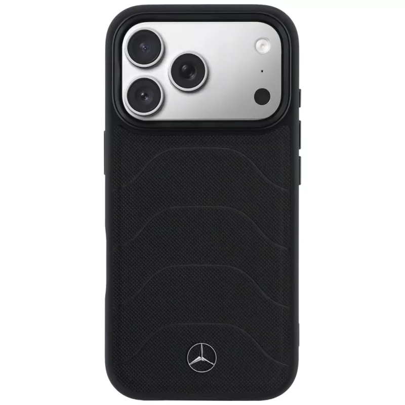 Mercedes-Benz nahkainen Mesh with Bow Line MagSafe -suojakuori iPhone 17 Pro, musta