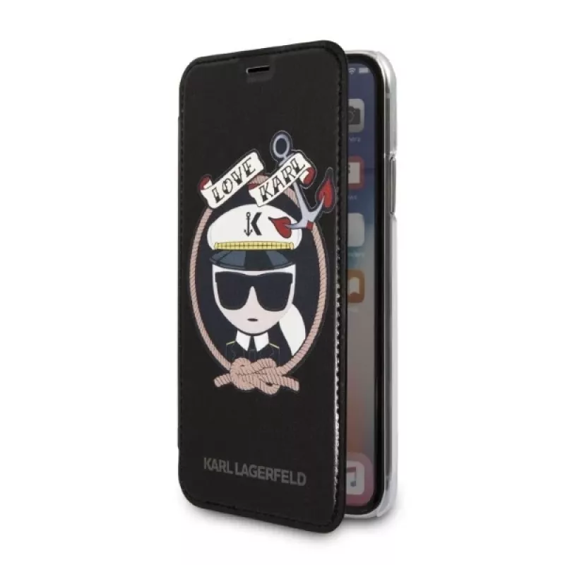 Karl Lagerfeld KLFLBKPXKSB Signature Glitter -kirjakotelo iPhone X/Xs, musta