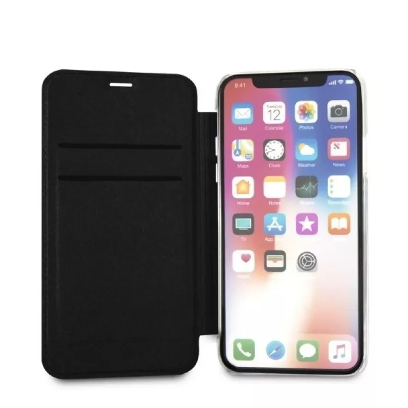 Karl Lagerfeld KLFLBKPXKSB Signature Glitter -kirjakotelo iPhone X/Xs, musta