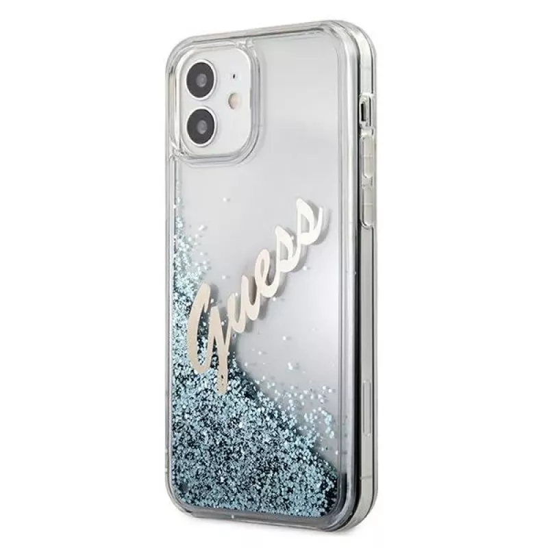 Guess Glitter Vintage Script jäykkä kuori Apple iPhone 12 mini - sininen