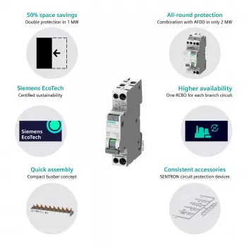 Siemens 5SV13166KK16 RCBO 2-napainen 16 A 30 mA, B-käyrä, tyyppi A, 6 kA