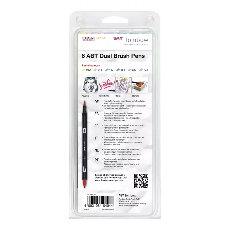 Tombow ABT-6P-2 Dual Brush Pen -sarja - 6 väriä - ohut kärki ja sivellinkärki - monivärinen