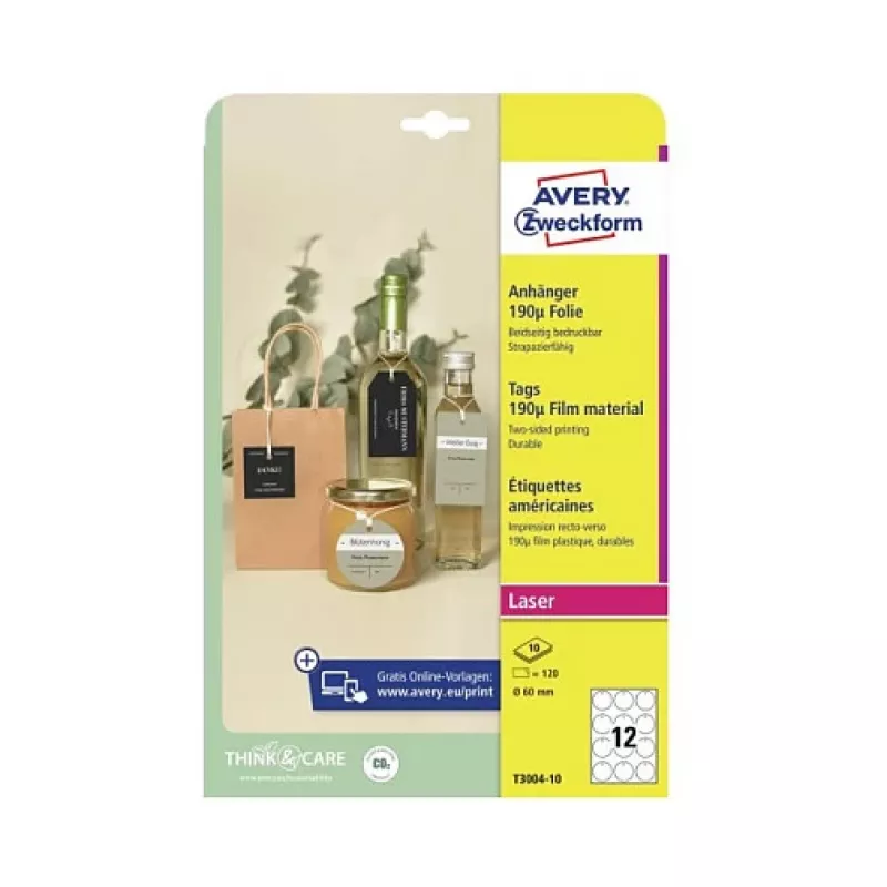 Avery Zweckform T3004-10 ei tarttuvat pyöreät tarrat, polyesteri, valkoinen, 60 mm, 120 tarraa