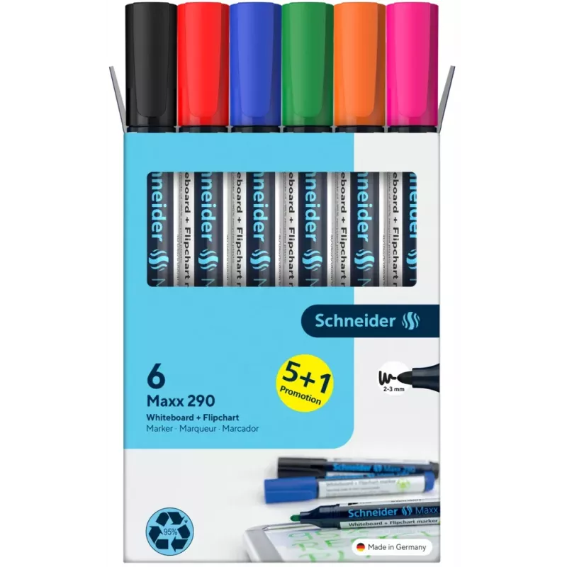 Schneider Maxx 290 valkotaulu- ja fläppitaulumerkkisarja, 6 kpl, eri värit, 2,0 - 3,0 mm