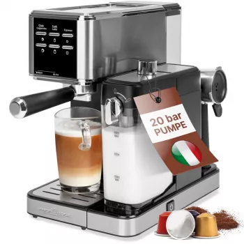 PROFI COOK PC-ES-KA 1266 espressokeitin siiviläkahvalla ja kapselijärjestelmällä, 20 bar, 1450 W, musta/hopea