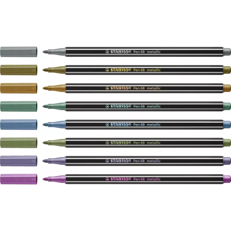 STABILO Pen 68 Metallic kuitukynäsarja - medium - 8 eri metalliväriä - pyöreä kärki - 1,4 mm viivanleveys