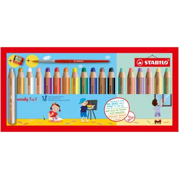 STABILO Woody 3-in-1 monitaitokynä 7,6 cm, 18 osan pastellisarja ja sivellin